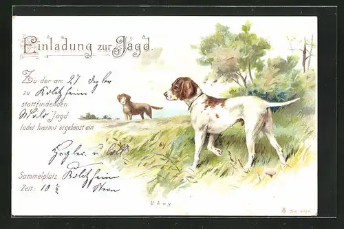 Lithographie Jagdhunde auf einer Wiese, Jagdeinladung