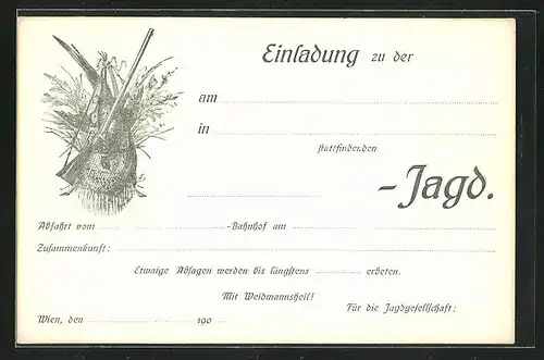 AK Jagdwerkzeug und erlegter Fasan, Jagdeinladung