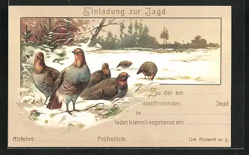 Präge-AK Rebhühner im Winter, Jagdeinladung