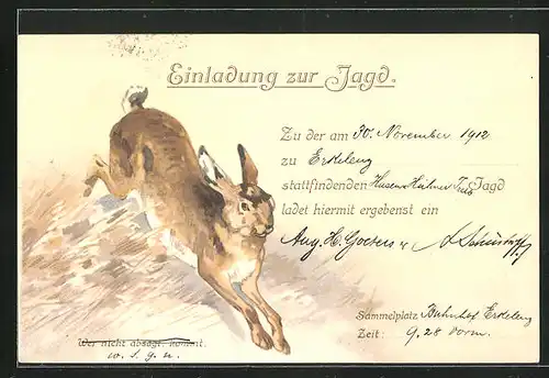 Lithographie Laufender Hase, Jagdeinladung