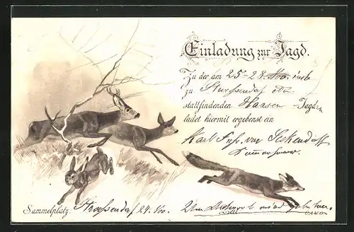 Lithographie Einladung zur Jagd, Rehe, Fuchs und Hase auf der Flucht