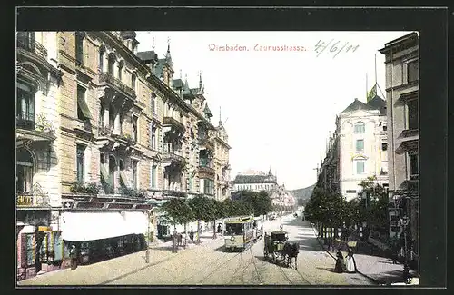 AK Wiesbaden, Zaunusstrasse mit Strassenbahn