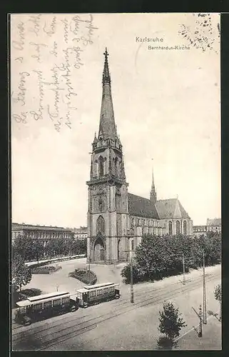 AK Karlsruhe, Bernhardus-Kirche mit Strassenbahn