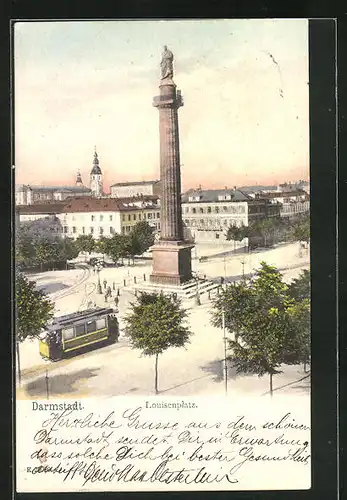 AK Darmstadt, Louisenplatz mit Denkmal und Strassenbahn