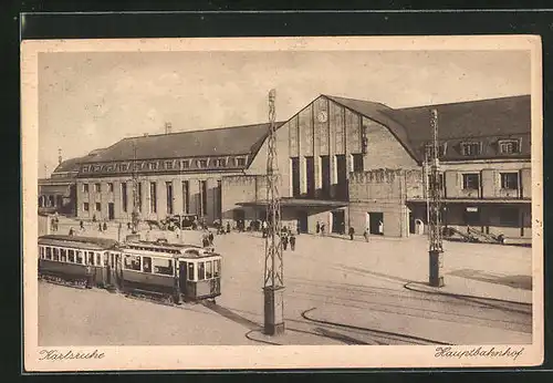 AK Karlsruhe, Hauptbahnhof mit Strassenbahn