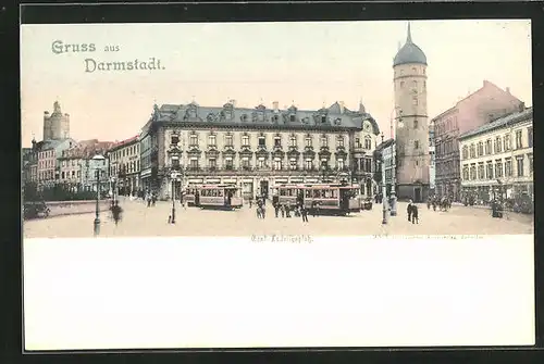 AK Darmstadt, Ernst-Ludwigsplatz mit Geschäften und Strassenbahn