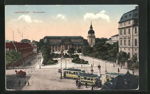 AK Darmstadt, Paradeplatz mit Strassenbahn