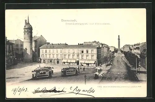 AK Darmstadt, Ernst-Ludwigsplatz und Rheinstrasse mit Ludwigsäule, Strassenbahn