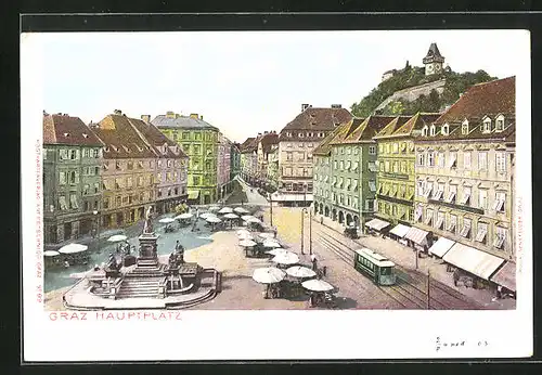 AK Graz, Hauptplatz mit Denkmal und Strassenbahn