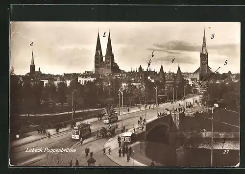 AK Lübeck, Puppenbrücke mit Strassenbahn