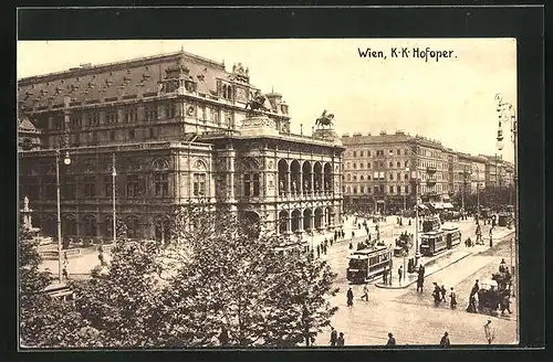 AK Wien, K.K. Hofoper mit Strassenbahnen