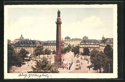 AK Darmstadt, Luisenplatz mit Ludwigssäule, Strassenbahn