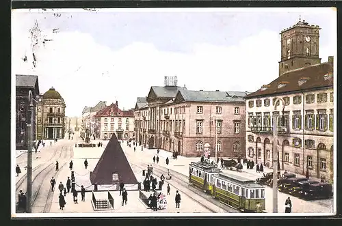 AK Karlsruhe, Marktplatz mit Rathaus, Strassenbahn