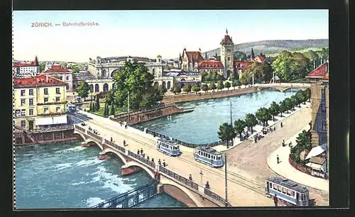 AK Zürich, Bahnhofbrücke mit Strassenbahn