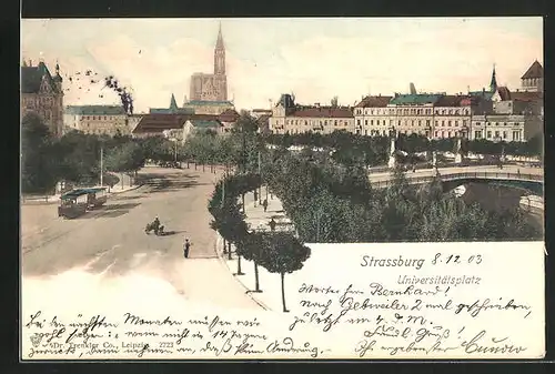 AK Strassburg, Universitätsplatz mit Kirche und Strassenbahn