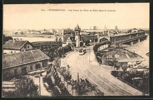 AK Strasbourg, Les Ponts du Rhin et Kehl dans le lointain, Strassenbahn