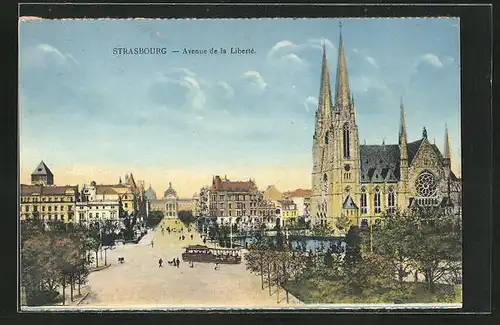 AK Strasbourg, Avenue de la Liberté, Strassenbahn