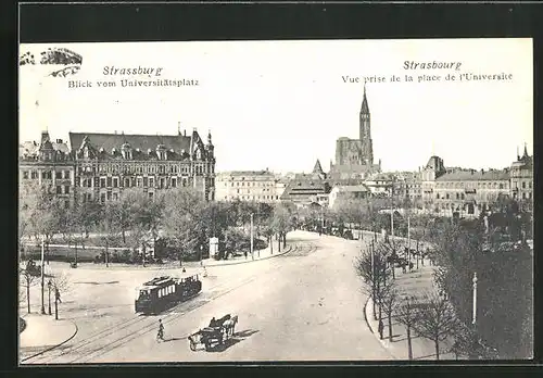 AK Strassburg, Blick vom Universitätsplatz mit Kirche und Strassenbahn