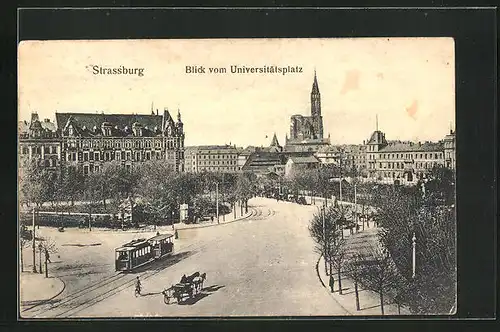 AK Strassburg, Blick vom Universitätsplatz mit Kirche und Strassenbahn