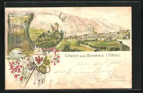 Vorläufer-Lithographie Schwaz, 1894, Gesamtansicht mit Kirchturm, Freundsberg und St. Georgenberg