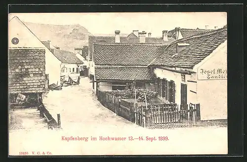 AK Kapfenberg, Hochwasser 1899, überschwemmte Strassenpartie mit Häusern