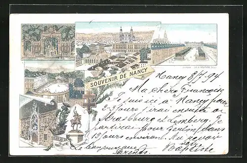 Vorläufer-Lithographie Nancy, 1894, Totalansicht im Schnee, Kirche, Déposé und Denkmal