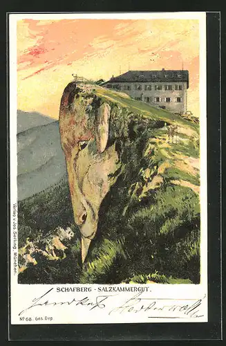 Künstler-AK Seiling Nr. 68: Salzkammergut, Schafberg mit Gasthaus bei Dämmerung, Berg mit Gesicht / Berggesichter