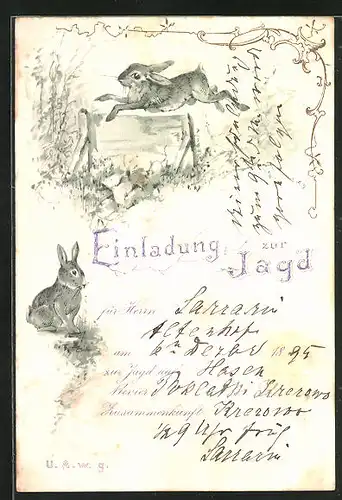 Vorläufer-Lithographie Hasen im Feld, 1895, Jagdeinladung