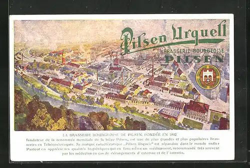 Künstler-AK Pilsen, Brauerei-Werbung Pilsen Urquell, Gesamtansicht