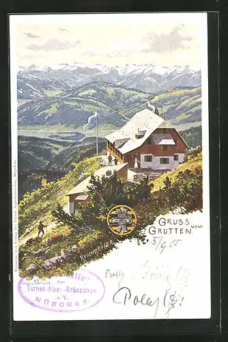 Künstler-AK Rudolf Reschreiter: Wanderer vor dem Berghaus Cruttenhütte