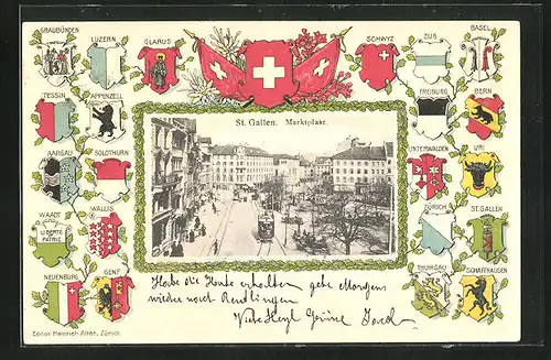 Passepartout-Lithographie St. Gallen, Strassenbahn auf dem Marktplatz, Wappen der Schweizer Kantone