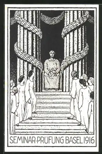 Künstler-AK Basel, Absolvia 1916, Seminar-Prüfung, Absolventen auf dem Unterbau eines griechischen Tempel zum Bildnis bl