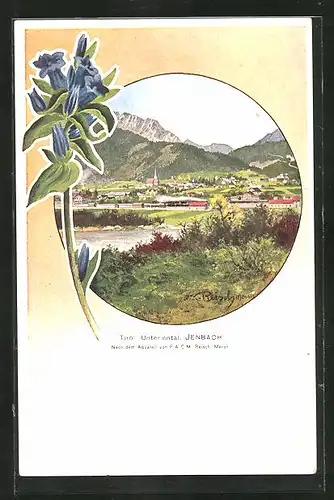 Künstler-AK F.A.C.M. Reisch: Jenbach /Unterinntal, Panorama & Alpenblume
