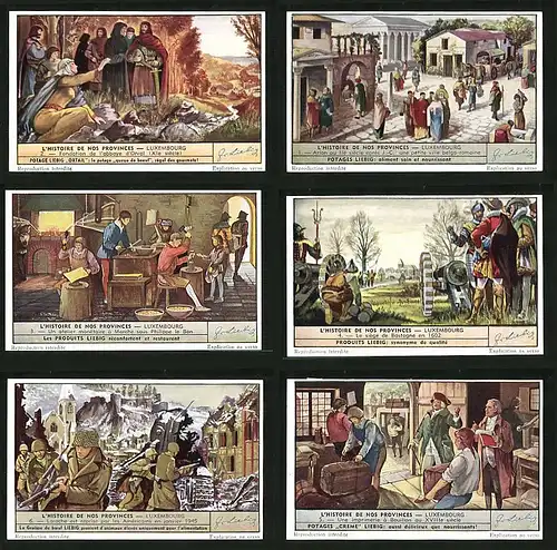 6 Sammelbilder Liebig, Serie Nr. 1527: L`Histoire de nos Provinces Luxembourg, Krieg, Soldaten, König, Ritter