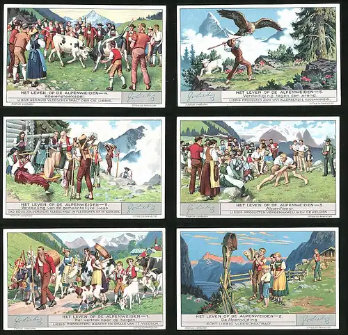 6 Sammelbilder Liebig, Serie Nr. 1285: Het leven op de Alpenweiden, Alpenwijding, Ziegen, Alpen, Alpenfeest
