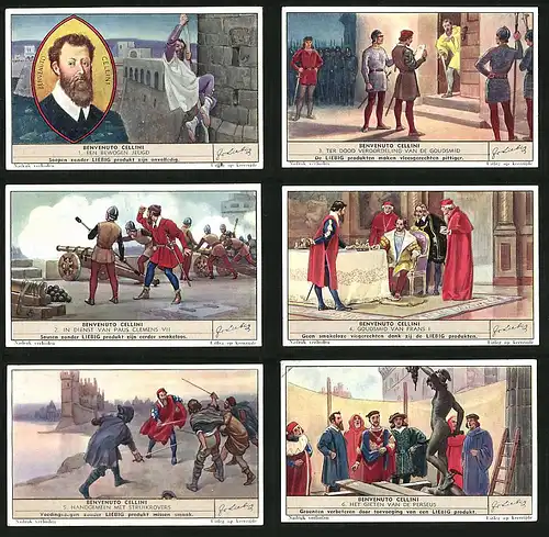 6 Sammelbilder Liebig, Serie Nr. 1392: Benvenuto Cellini, Goudsmid van Frans I., Benvenuto Cellini