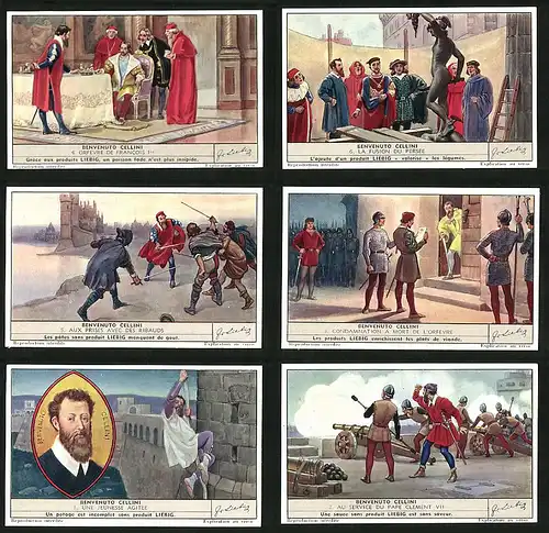 6 Sammelbilder Liebig, Serie Nr. 1392: Benvenuto Cellini, Goudsmid van Frans I., Benvenuto Cellini