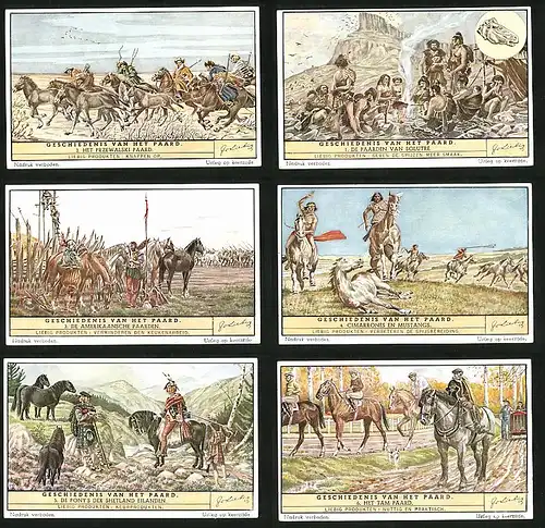 6 Sammelbilder Liebig, Serie Nr. 1507: Geschiedenis van Het Paar, Het Tam Paar, Ponys, Amerikaner, Soldaten, Ureinwohner