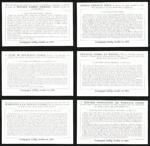 6 Sammelbilder Liebig, Serie Nr. 1581: Virgile, Chantre d`Auguste, Chez le rhéteur Epidius, Tu Marcellus eris