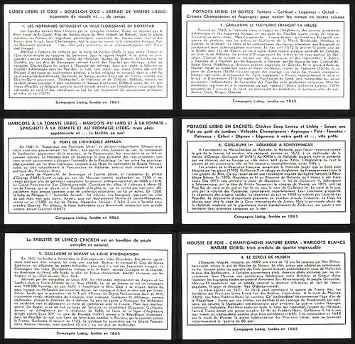 6 Sammelbilder Liebig, Serie Nr. 1657: Histoire des Pays-Bas, Le cercle de Muiden, Perte de l`Invincible Armada