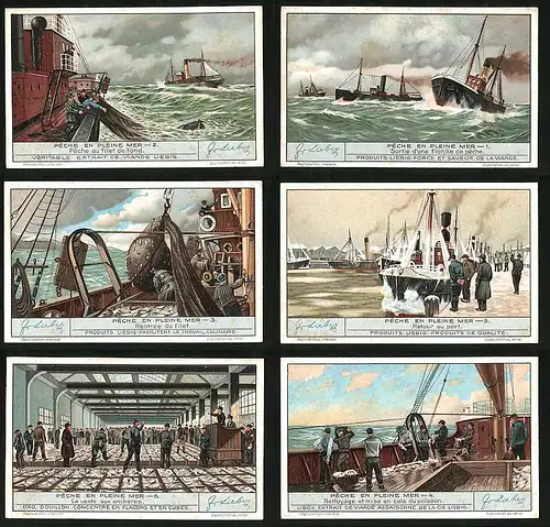 6 Sammelbilder Liebig, Serie Nr. 1297: Pêche en Pleine Mer, Dampfer, Meer, Schiff, Fischer, Netz