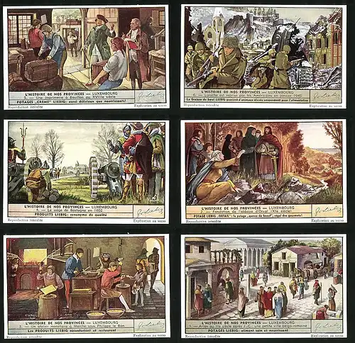 6 Sammelbilder Liebig, Serie Nr. 1527: L`Histoire de nos Provinces Luxembourg, Markt, Handwerker, Ritter, Schwert
