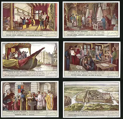 6 Sammelbilder Liebig, Serie Nr. 1549: L`Histoire de nos Provinces Flandre Orientale, Philippe II., Schiff, Napoléon