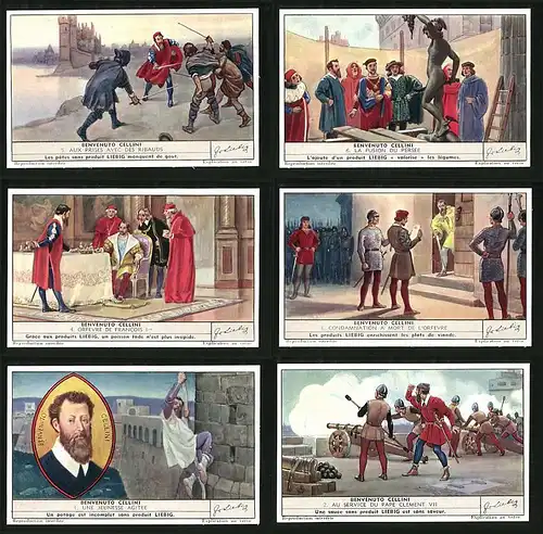 6 Sammelbilder Liebig, Serie Nr. 1392: Benvenuto Cellini, Clement VII., Ritter, Benvenuto Cellini, König
