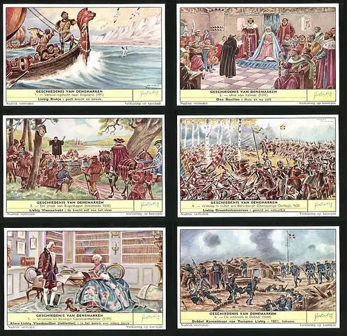 6 Sammelbilder Liebig, Serie Nr. 1697: Geschiedenis van Denemarken, Krieg, Caroline-Mathilde, Ritter, Pferde, Heiliger