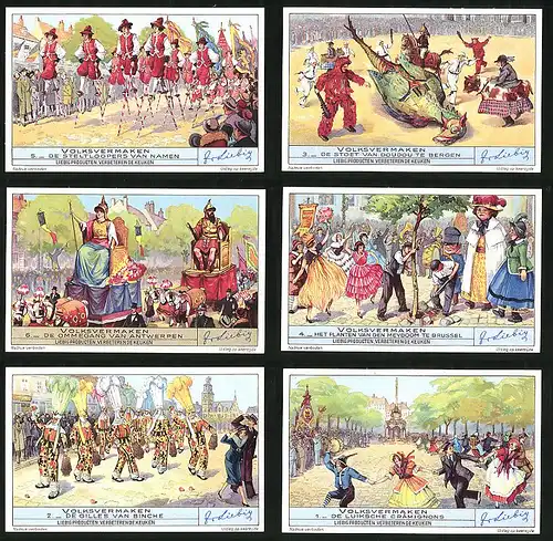 6 Sammelbilder Liebig, Serie Nr. 1440: Volksvermaken, Tanzen, Volksfest, Brussel, Antwerpen, Drache