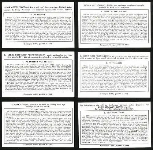 6 Sammelbilder Liebig, Serie Nr. 1563: Prins Karel-Jozef de Ligne, Zijn Jeugd, Te Versailles, Ritter, Pferde