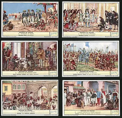 6 Sammelbilder Liebig, Serie Nr. 1629: Histoire de France, Ritter, Pferde, Schlacht, Soldaten, Schwert