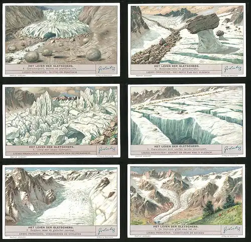 6 Sammelbilder Liebig, Serie Nr. 1389: Het leven der Gletschers, Middenmoraine en gletschertafel, Ijsval met séracs