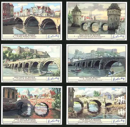 6 Sammelbilder Liebig, Serie Nr. 1435: Vieux Ponts de Belgique, Martelange, Bruges, Huy, Malines, Namur